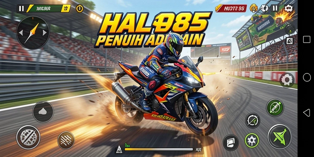 Gameplay HOT985 dengan motor balap yang mendebarkan.