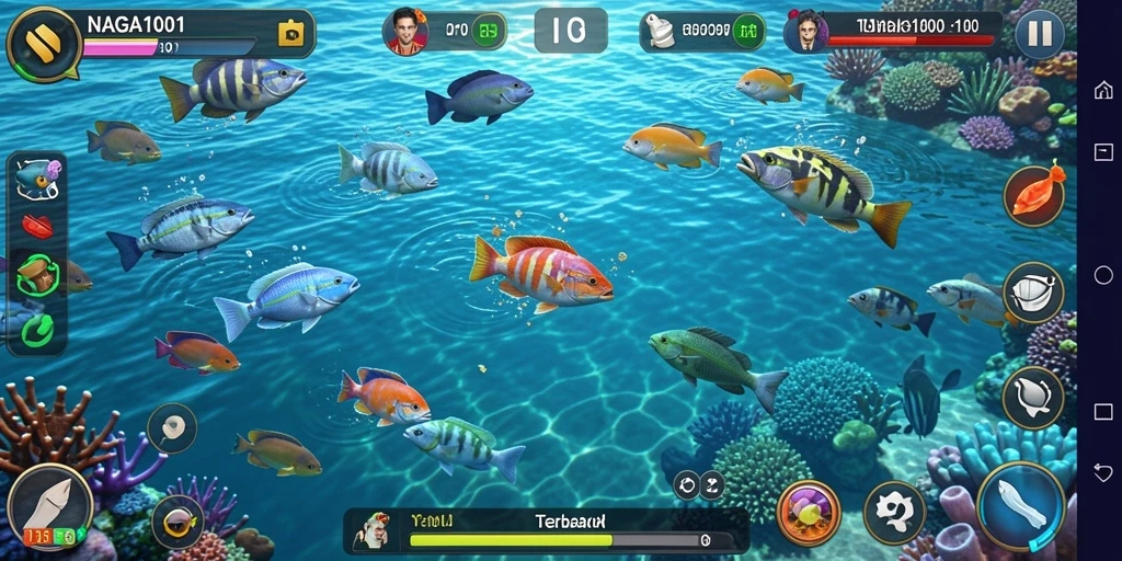 Screenshot utama NAGA1001 menampilkan gameplay seru Tembak Ikan.