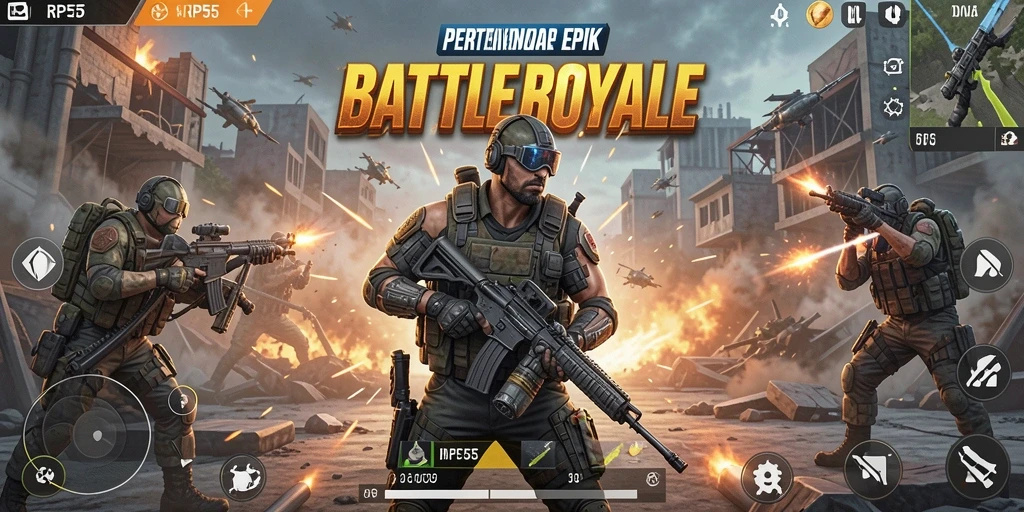 Screenshot utama RP55 menampilkan aksi pertempuran Battle Royale yang intens.