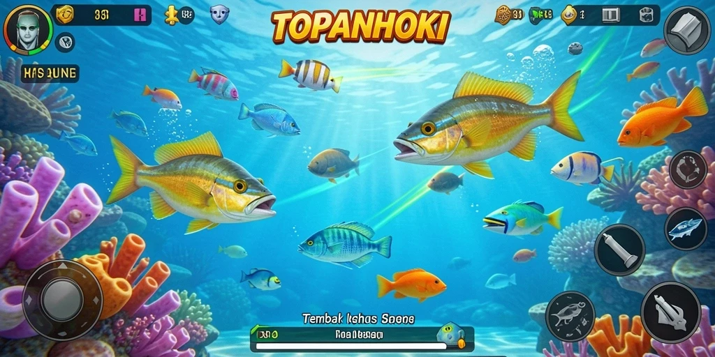 Screenshot menunjukkan gameplay seru Tembak Ikan TOPANHOKI dengan banyak ikan berwarna-warni.